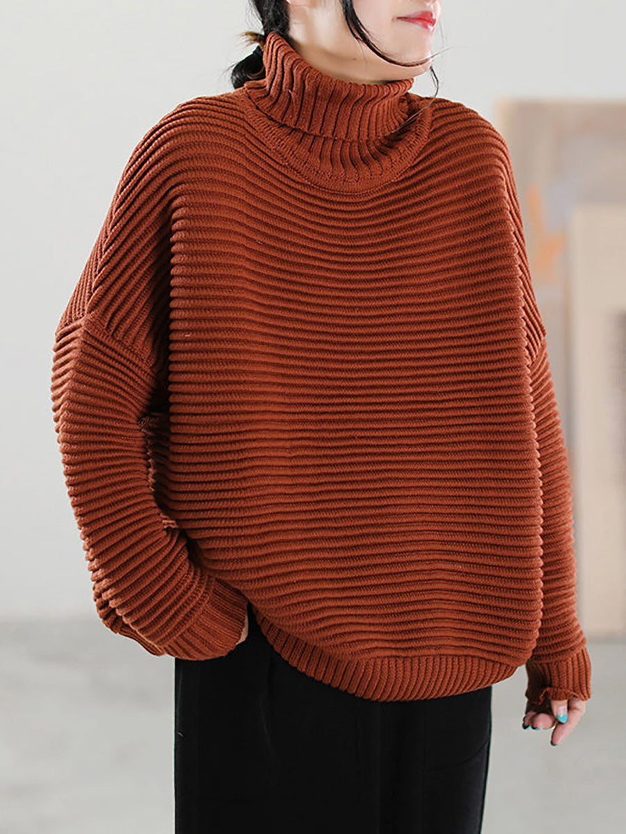 Highneck Color Knitted Loose Long Sleeve Sweater