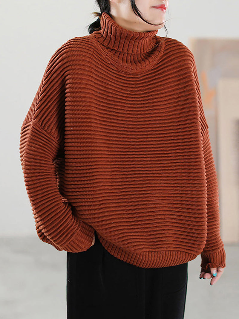 Highneck Color Knitted Loose Long Sleeve Sweater
