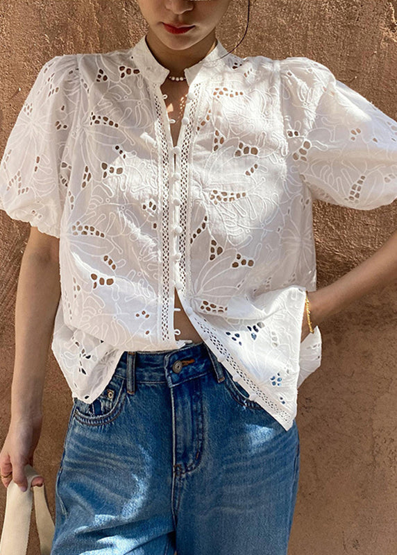 White V Neck Embroidered Hollow Out Shirt Summer