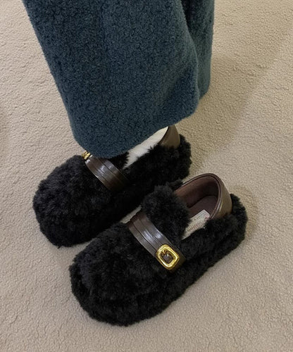 Khaki Fuzzy Fur Fluffy Splicing Platform Flat Shoes