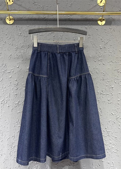 Loose Denim Blue Patchwork Button Elastic Waist a Line Skirt