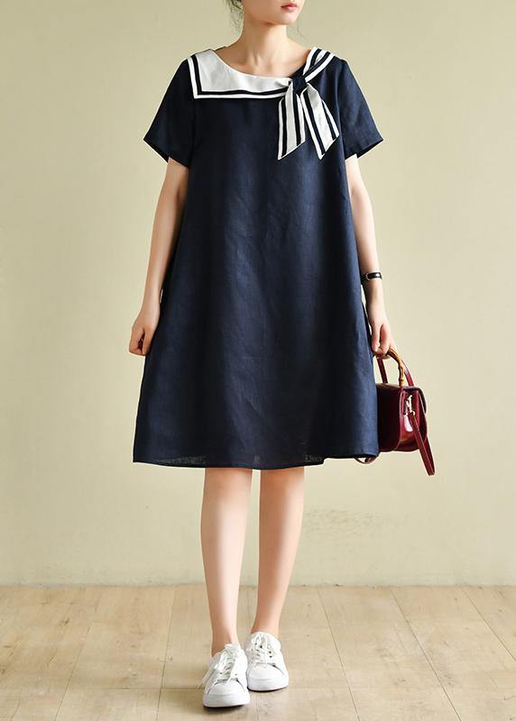 Navy Style Collar Short Sleeve Mid-length Dress