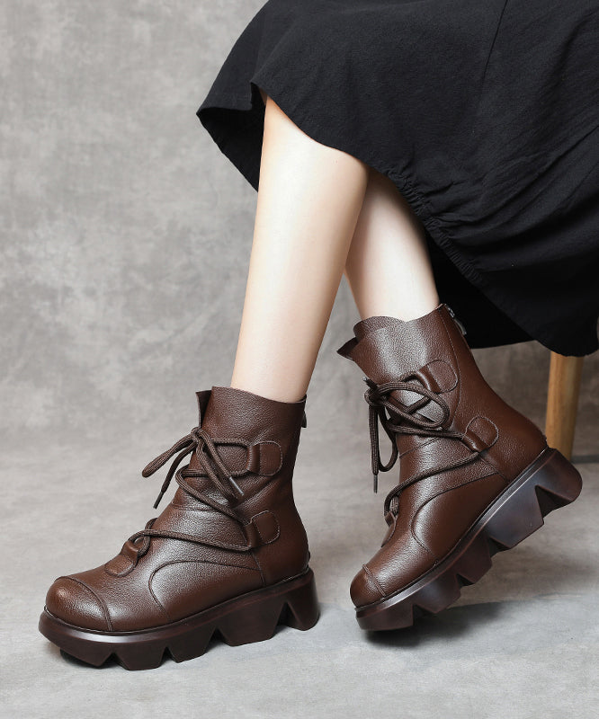 Lace Up Splicing Platform Boots Dark Brown Cowhide Leather Fuzzy Wool Lined