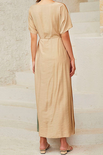 Color Lump With Belt Contrast O Neck Dresses