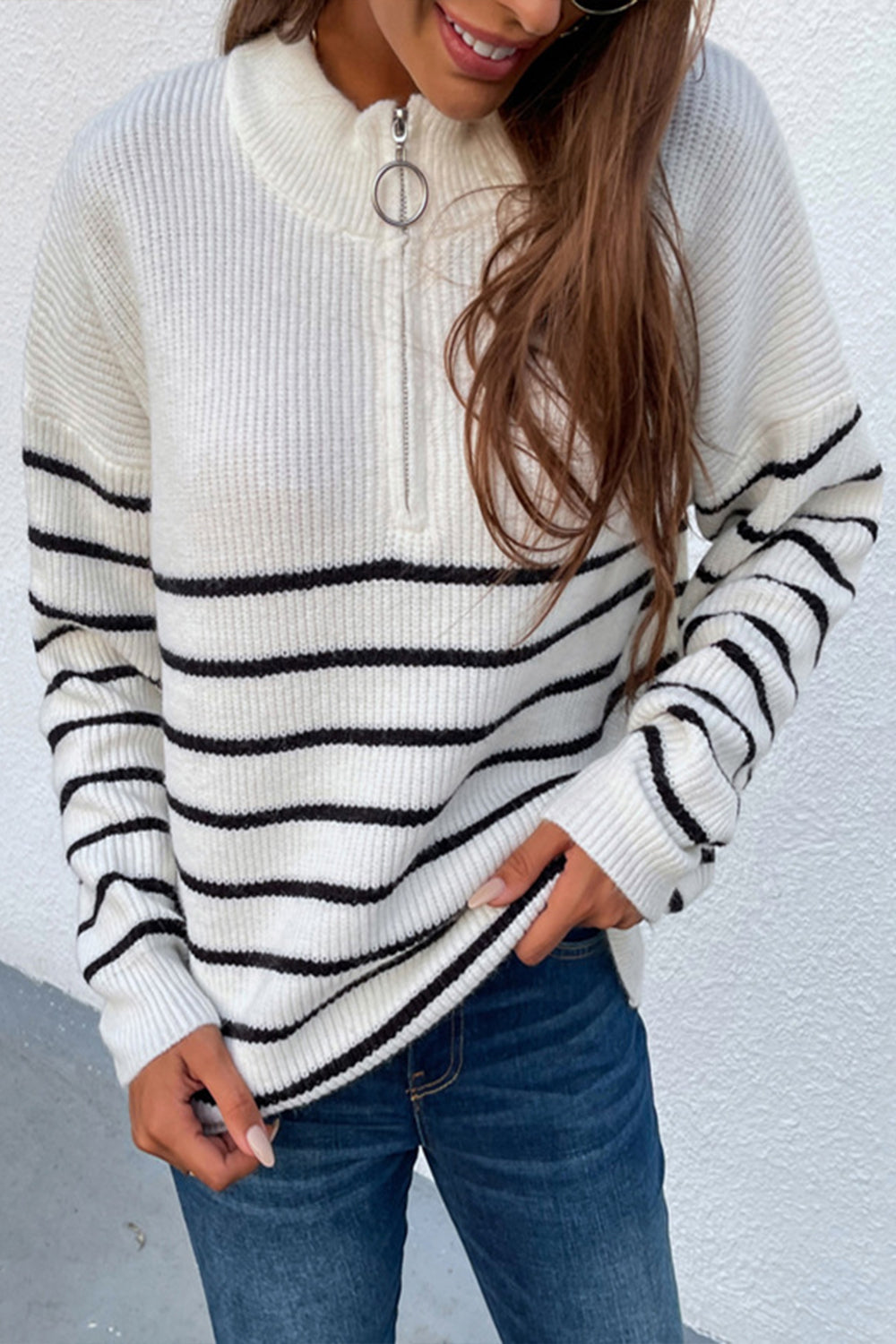 Striped Zipper Contrast Sweater