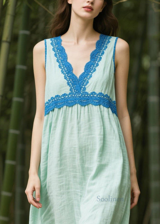 Light Green Oversized Patchwork Cotton Dress Sleeveless