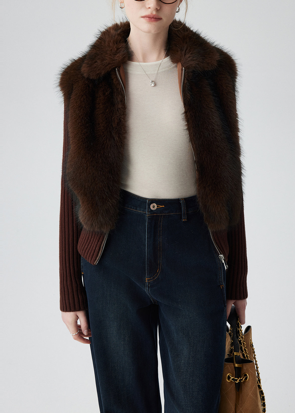 Chocolate Patchwork Faux Fur Knit Coats Fake Two Piece Winter