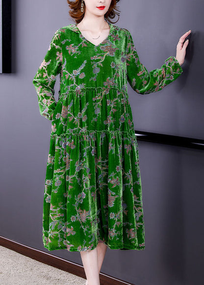 Green Ruffled Patchwork Velour Dresses