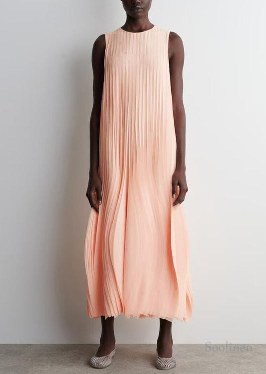 Apricot Wrinkled Chiffon Long Dress Sleeveless