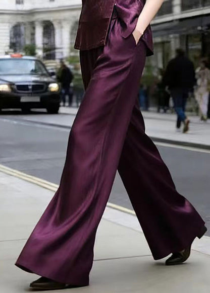 Purple Top and Wide Leg Pants Silk Two Piece Set Summer