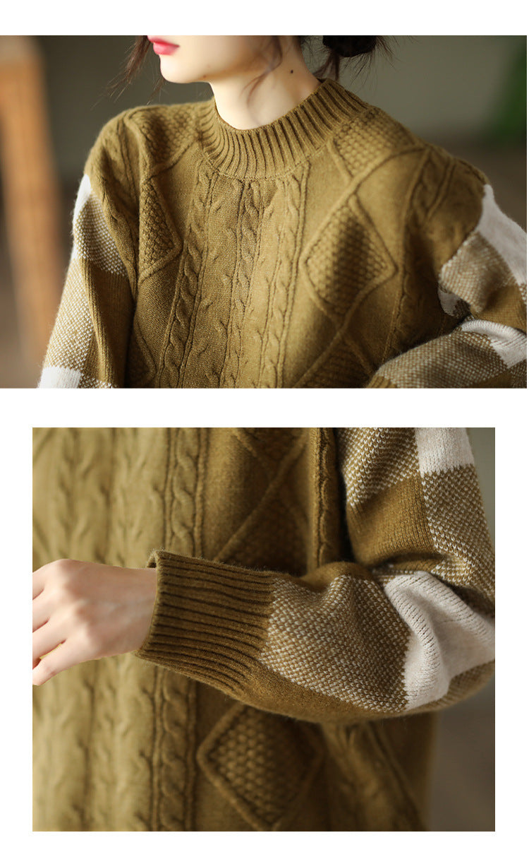 Retro Thick Jacquard Knit Color Block Three-dimensional Sweater