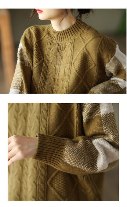 Retro Thick Jacquard Knit Color Block Three-dimensional Sweater