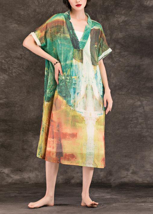 Green Print Linen Clothes for V Neck Patchwork Maxi Summer Dresses