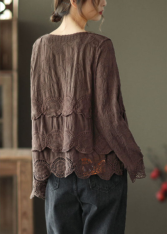 Coffee Embroideried Hollow Out Fall Long Sleeve Shirt Tops