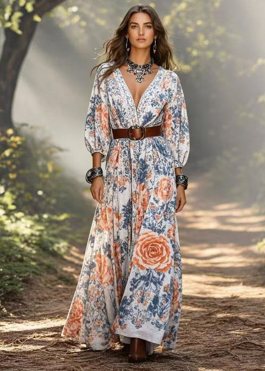 V Neck Print Cotton Tunic Dresses Bracelet Sleeve