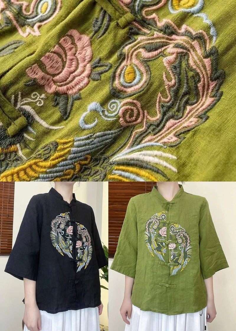 Green Embroideried Linen Shirt Top Half Sleeve