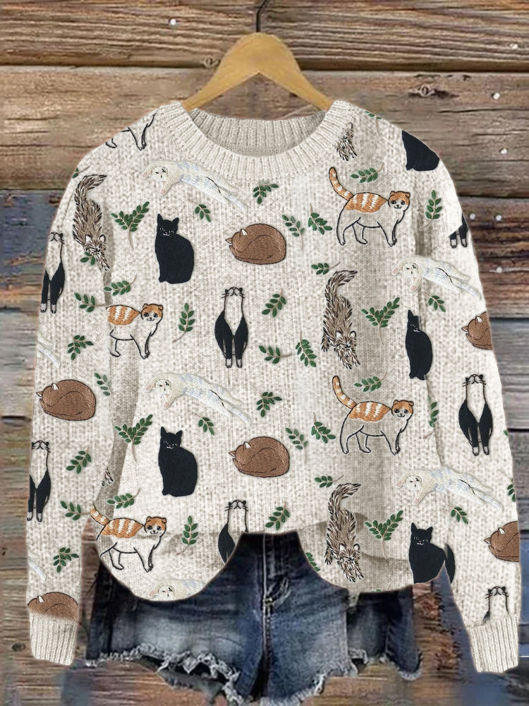 Cats & Leaves Embroidery Pattern Cozy Knit Sweater artswardrobe