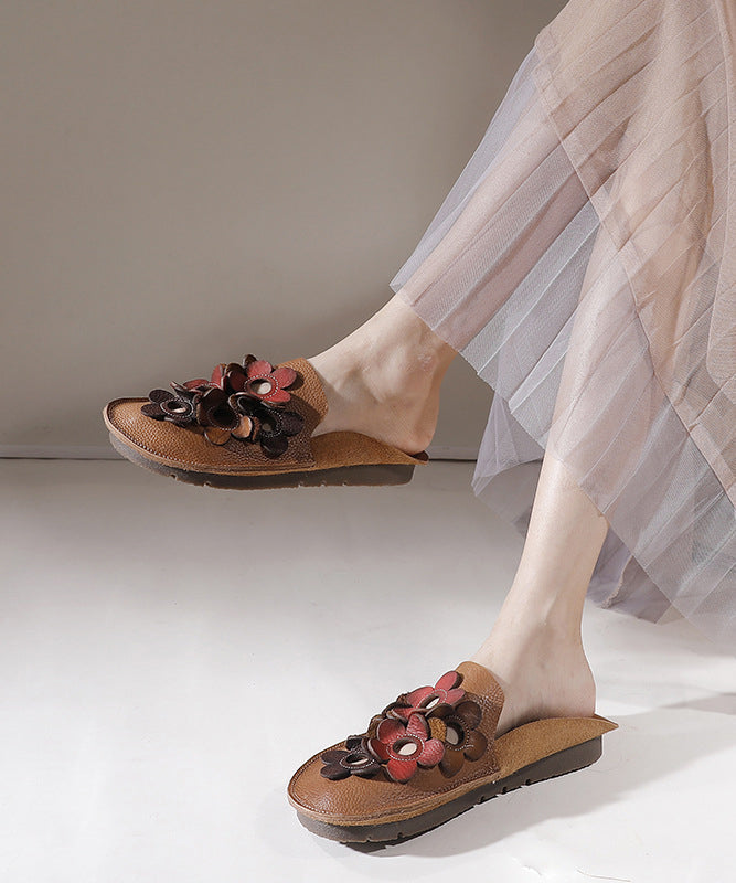 Brown Cowhide Leather Soft Splicing Hollow Out Slide Sandals