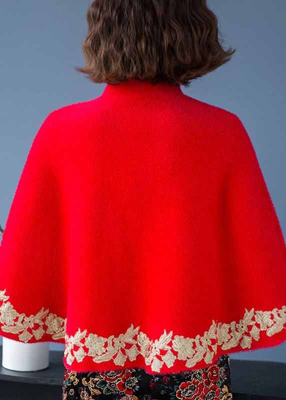 Classy Red Stand Collar Embroidered Patchwork Mink Velvet Coats Fall