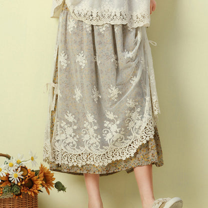 Cozy Linen Retro Embroidery Lace Mesh Skirt