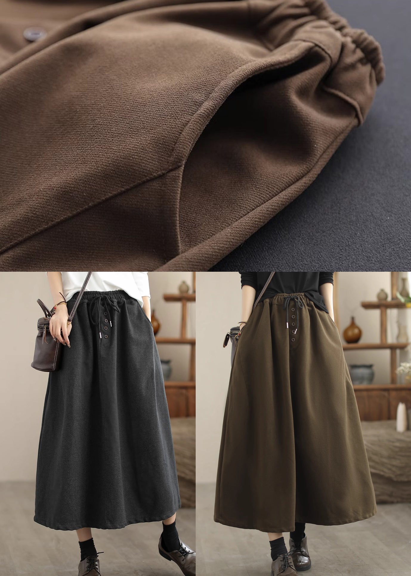 Chocolate Woolen a Line Skirts Elastic Waist Drawstring Spring