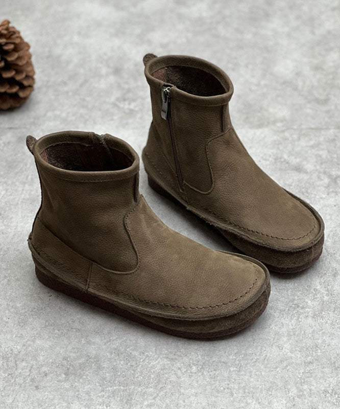 Coffee Cowhide Leather Boots Zippered Ankle Boots