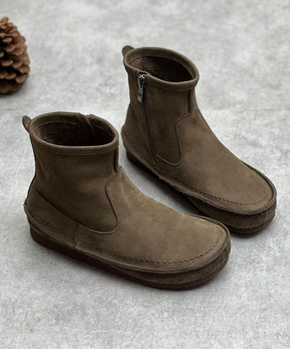 Coffee Cowhide Leather Boots Zippered Ankle Boots