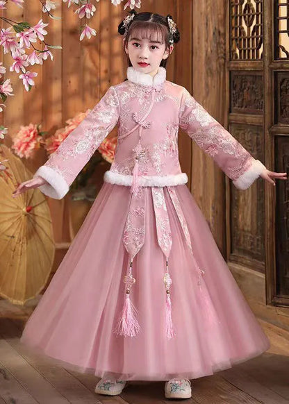 Pink Fur Collar Embroideried Coats and Tulle Maxi Skirts Two Pieces Set Winter