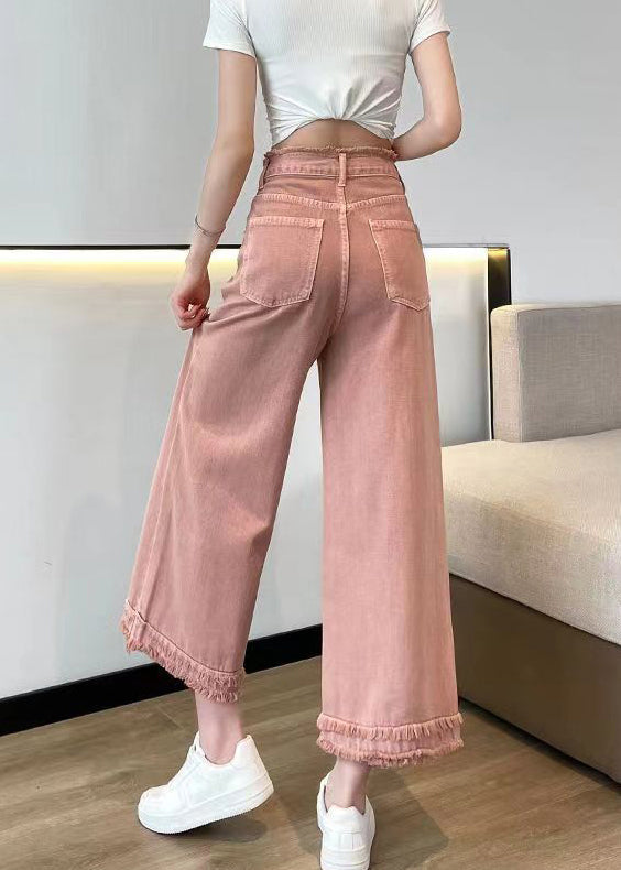 Pink Tasseled High Waist Denim Wide Leg Pants Spring