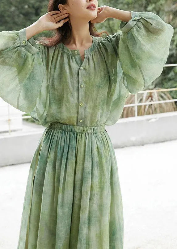 Loose Grass Green O-neck Tie Dye Button Shirts and Skirts Two Piece Set Long Sleeve