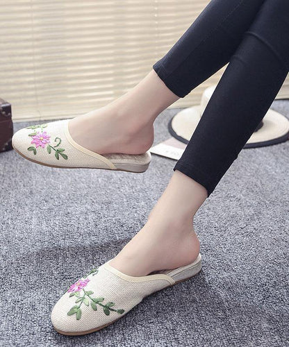 Khaki Embroidered Linen Fabric Slippers Shoes