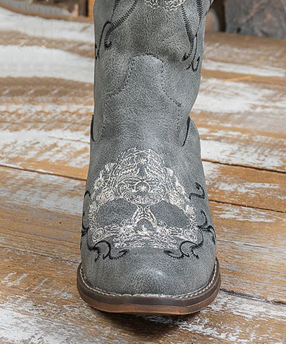 Embroidery Chunky Boots Grey Faux Leather