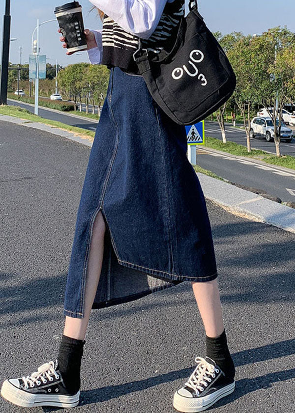 Navy Side Open Asymmetrical Pocket Cotton Denim Wraped Skirts Cozy