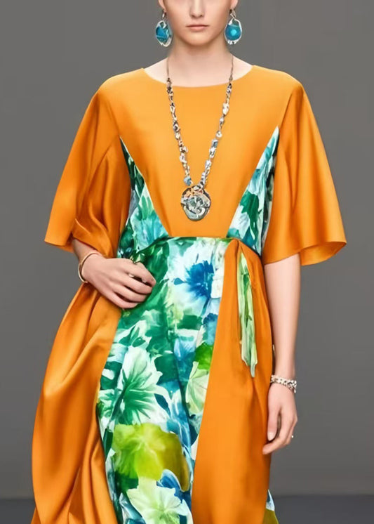 Fitted Orange Asymmetrical Patchwork Silk Party Dress Summer