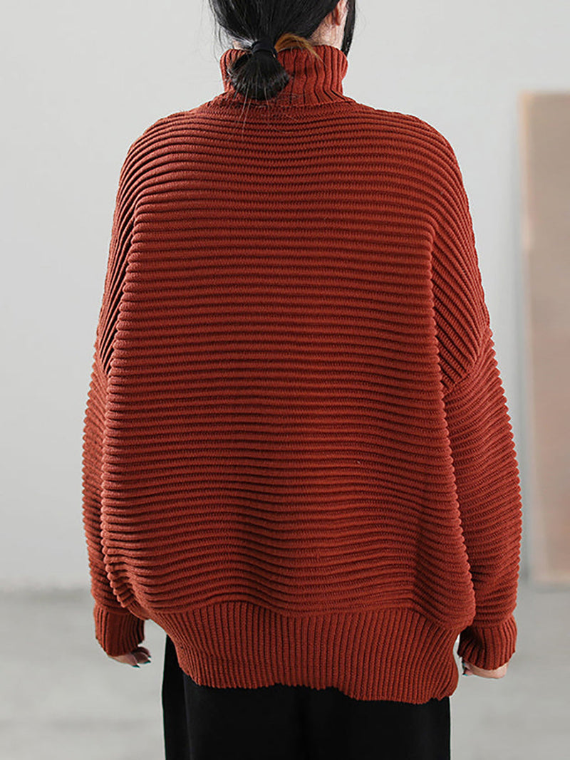 Highneck Color Knitted Loose Long Sleeve Sweater