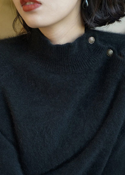 Simple Black O-neck Button Knit Sweaters Long Sleeve