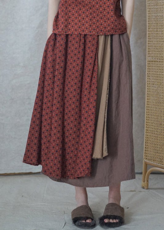 Colorblock Elastic Waist Asymmetrical Patchwork Cotton Skirts Spring