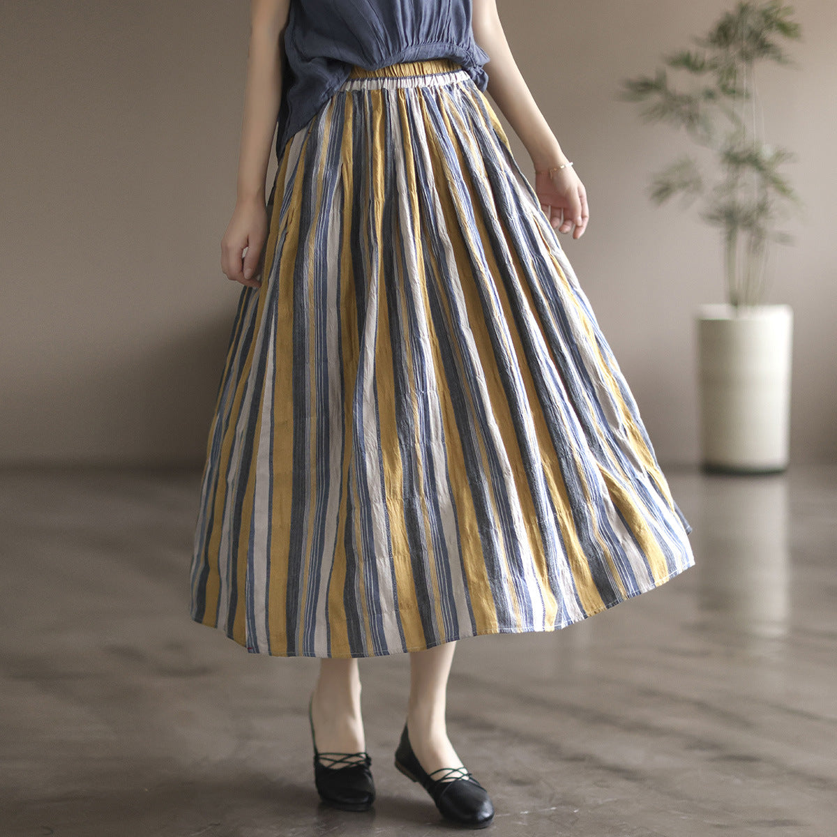 Literary Colorblock Striped A-line Skirt