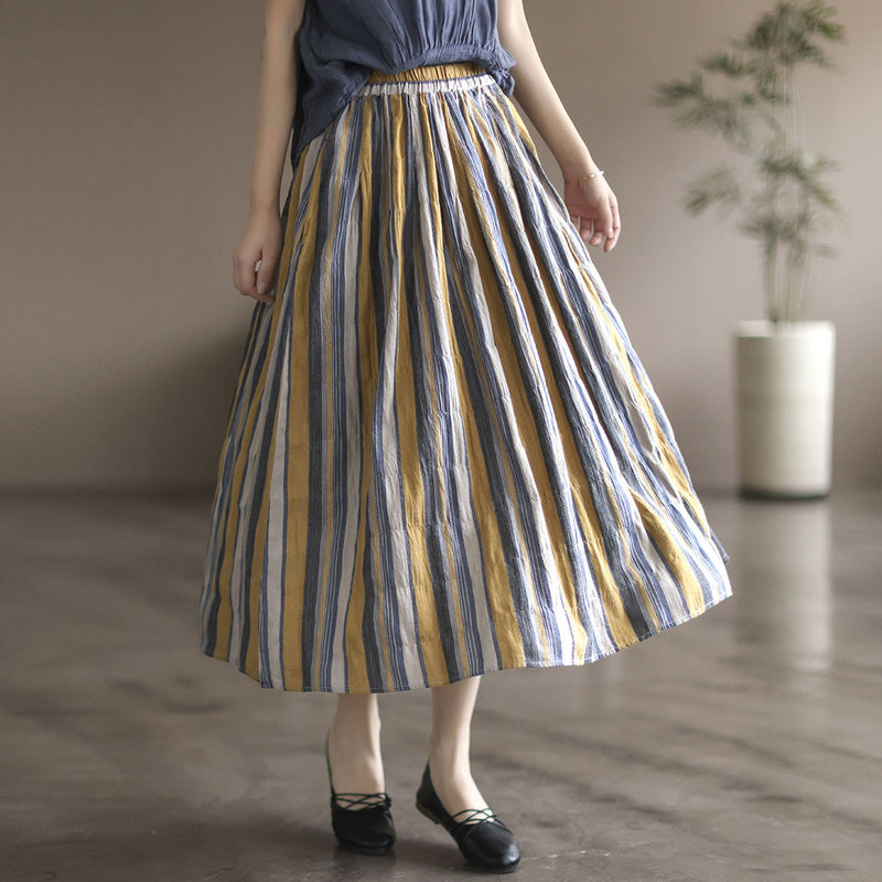 Literary Colorblock Striped A-line Skirt