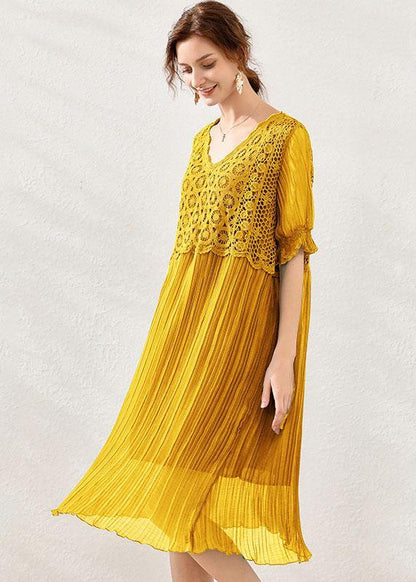 Fitted Yellow V Neck Hollow Out Spring Maxi Dress Short Sleeve