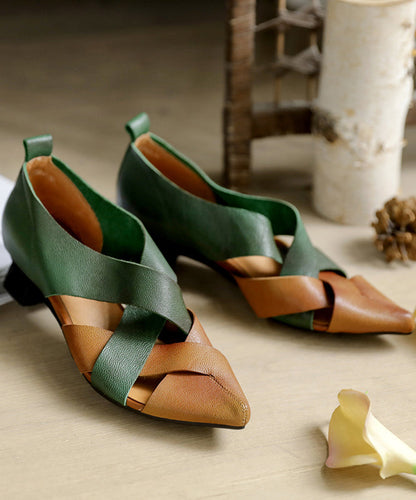 Pointed Toe Chunky Sandals Yellow Green Cowhide Leather Splicing Sandals