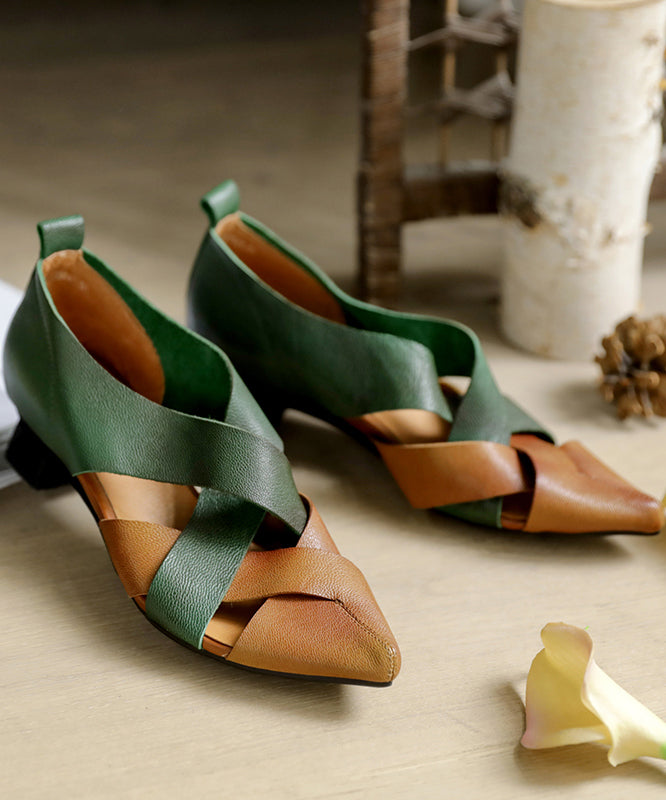 Pointed Toe Chunky Sandals Yellow Green Cowhide Leather Splicing Sandals