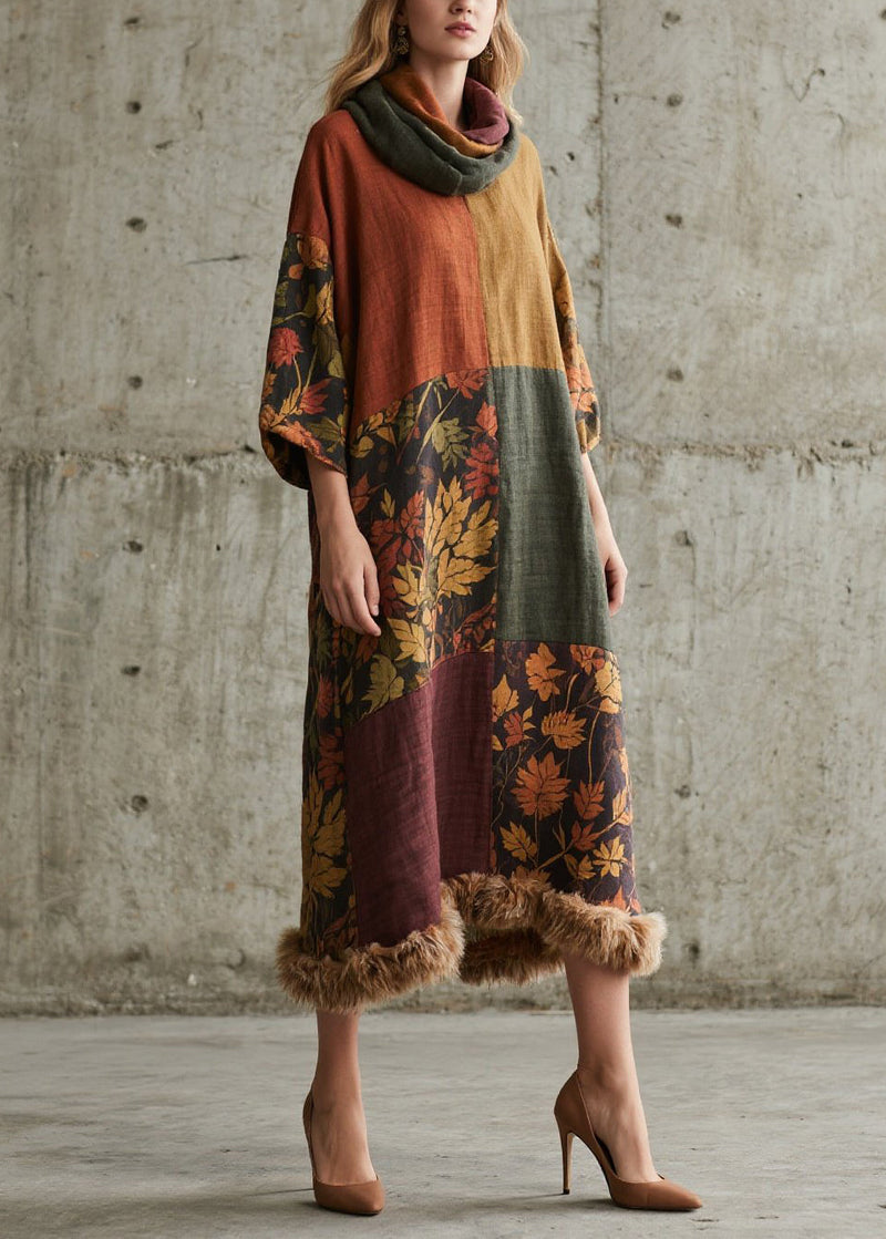 New Colorblock Print Fuzzy Fur Patchwork Cotton Long Dress Fall