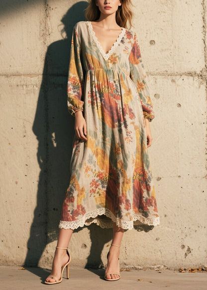 Print Patchwork Lace Cotton Long Dress Fall