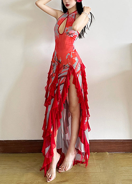 Red Backless Ruffled Side Open Tulle Long Dresses Summer