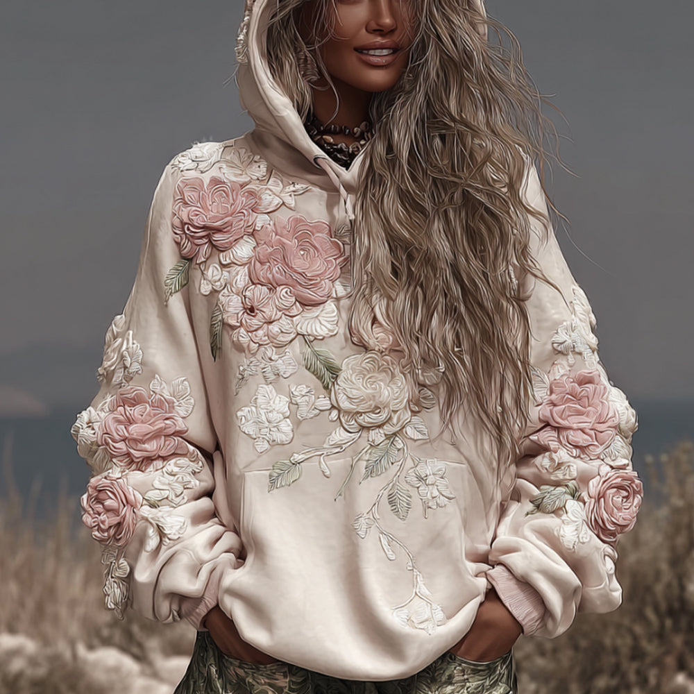 Women's Rose Pattern White Casual Long-sleeved Sweatshirt elevenforest