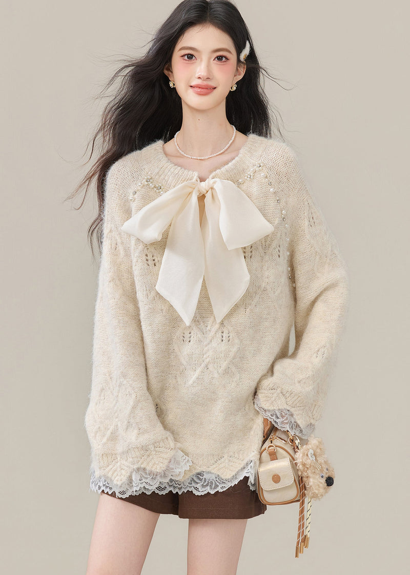 Beige Bow Nail Bead Patchwork Lace Knit Tops Winter