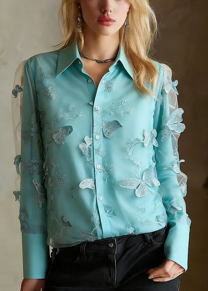 Blue Peter Pan Collar Butterfly Tulle Shirts Spring