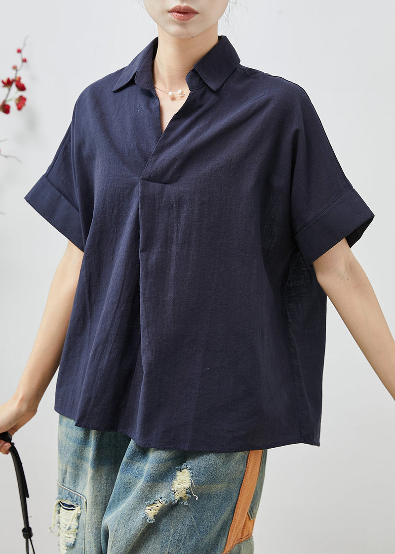 Navy Peter Pan Collar Wrinkled Cotton Blouses Summer