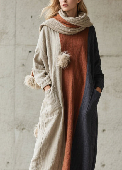 Colorblock Pockets Patchwork Cotton Dress Fall